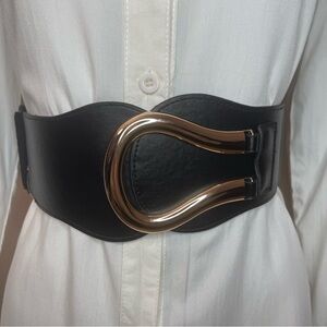 Black elastic waistband belt with gold tone buckle